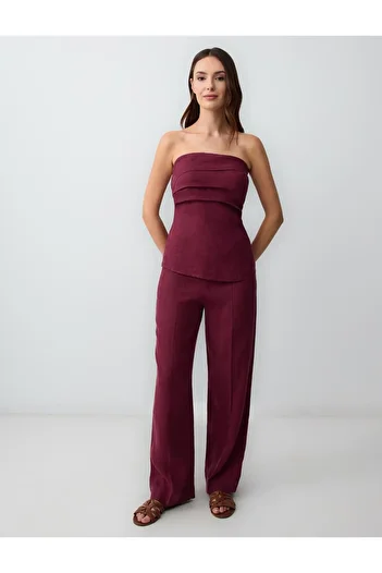 Jimmy Key Burgundy Straight Cut Linen Trousers