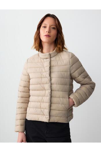 Jimmy Key Beige Zippered Quilted Puffer Jacket with Snap Detail