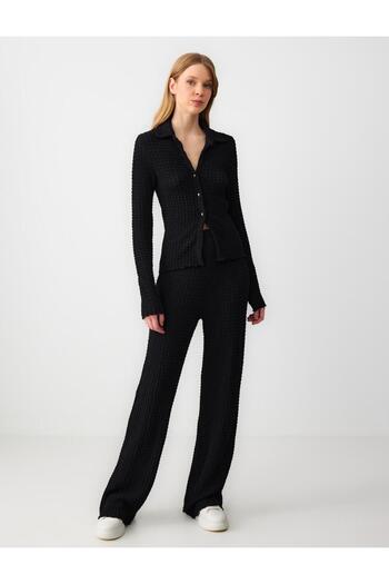 Jimmy Key Black Relaxed Cut High Waist Loose Wide Leg Textured Knitted Trousers