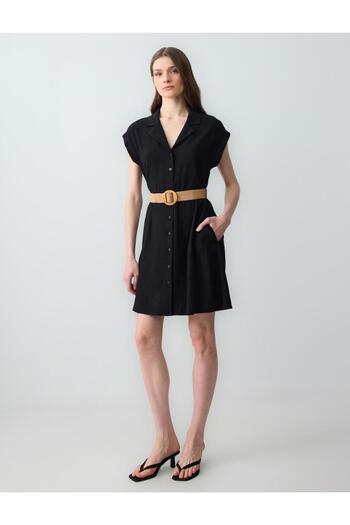 Jimmy Key Black Short Sleeve Shirt Collar Linen Mini Dress with Belt Detail