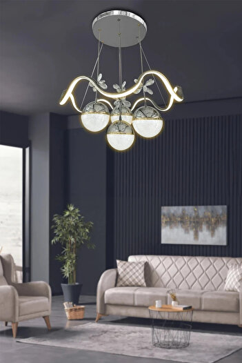 RSCOLLECTIONS Zikzak 4 Toplu Modern Sarkıt Led Avize - 3 Renk Kumandasız Krom