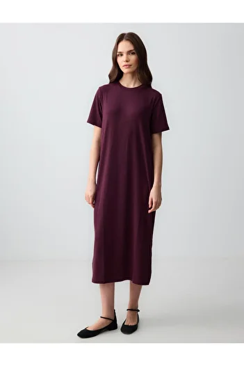 Jimmy Key Burgundy Straight Cut Crew Neck Short Sleeve Knitted Dress