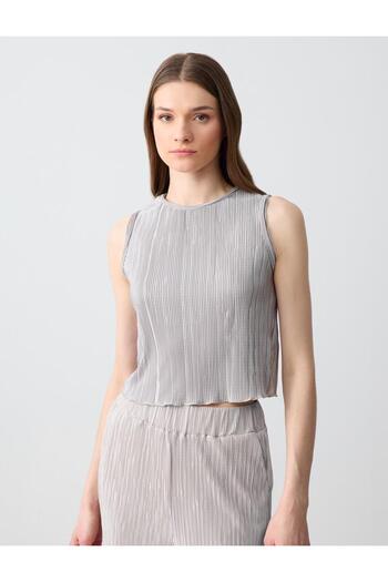 Jimmy Key Silver Slim Fit Round Neck Pleated Knitted Blouse