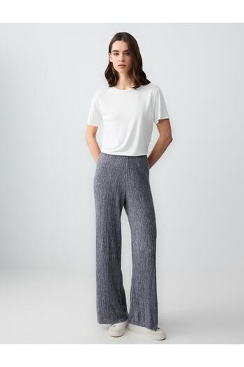 Jimmy Key Navy Blue High Waist Stripe Patterned Wide Leg Knitted Pants