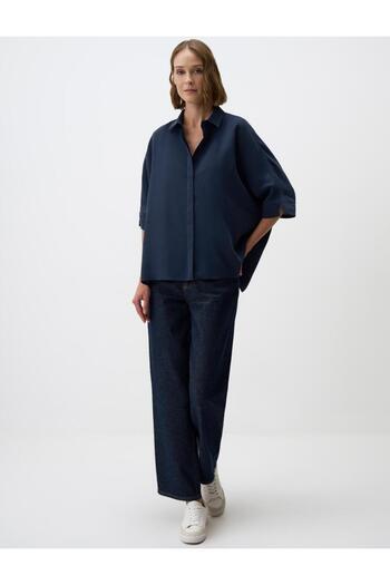 Jimmy Key Navy Blue Relaxed Fit Three Quarter Sleeve Woven Shirt