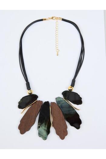 Jimmy Key Black Wooden Look Leaf Figured Necklace