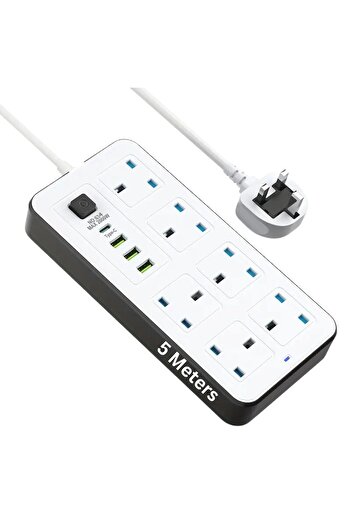 powermax 10in1 Power Socket Extension 2500W with 6 AC Outlets, 3 USB + 1 PD Type-C, 5M Cord White