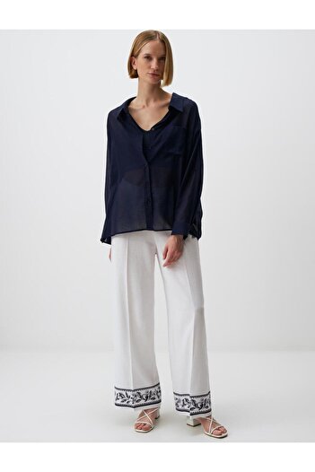 Jimmy Key Navy Blue Long Sleeve Straight Voile Cotton Shirt