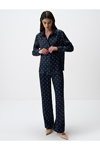 Jimmy Key Navy Blue Long Sleeve Patterned Satin Shirt