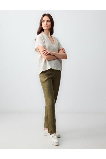 Jimmy Key Khaki 100% Linen High Waist Regular Leg Trousers