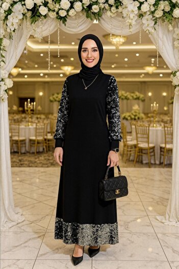 Mercan Sequin Dress Black Sequin Hijab Evening Dress Scuba Crepe Fabric Long Sleeve