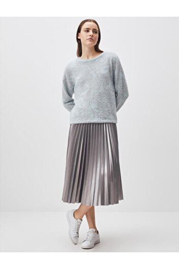 Jimmy Key Silver High Waist Pleated Shiny Midi Skirt