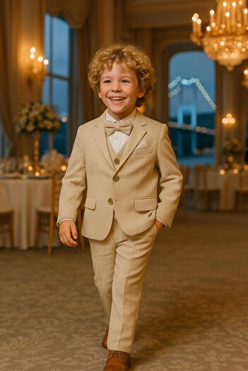 inowesta Boys Jacket Shirt Vest Pants 4Pcs Striped Suit with Bow Tie