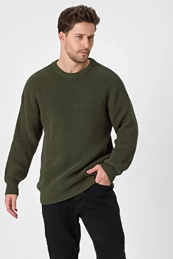 TENA Men's Green Crew Neck Braided Knitwear Sweater