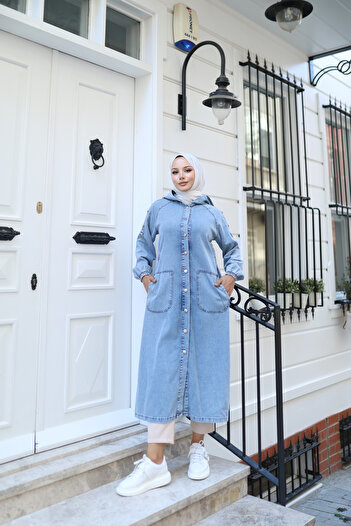 ALLMİRA FASHION Buttoned Hooded Denim Trench Coat