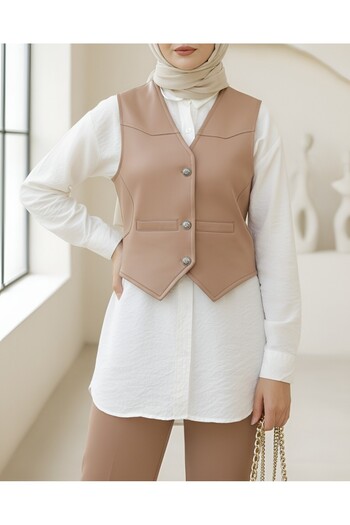 Modamorfo Scuba Fabric - Vest with Pocket Detail and Buttons - Mink