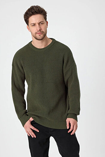 TENA Men's Green Crew Neck Braided Knitwear Sweater