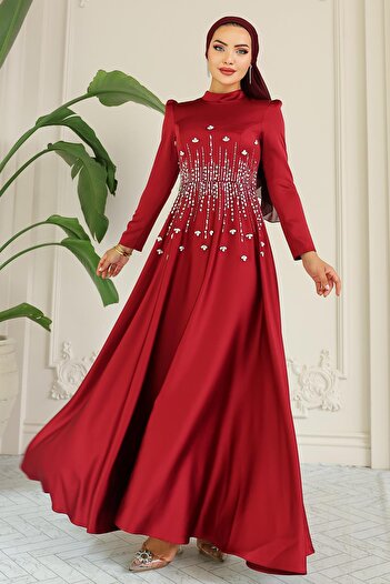 Olcay Flared Front Satin Hijab Evening Dress with Stone Pattern Bordo 1680