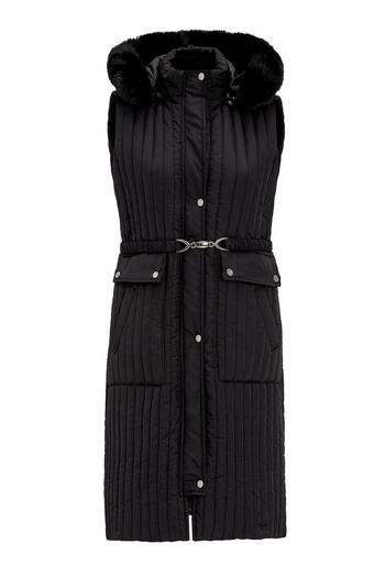 Olcay Furry Detachable Hooded Belt Detailed Quilted Vest Black 8263