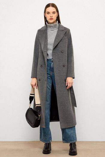 Olcay Jacket Collar Double Breasted Medium Coat Gray 3094