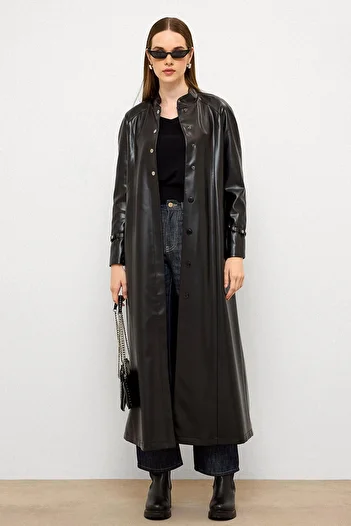Olcay Judge Collar Belt Detailed Long Leather Trench Coat Black 6775