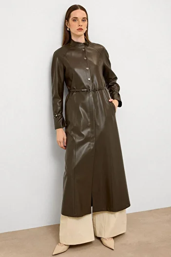 Olcay Judge Collar Belt Detailed Long Leather Trench Coat Khaki 6775