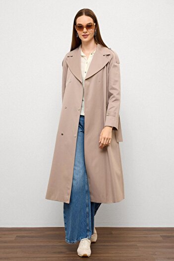 Olcay Water Repellent Trench Coat with Cape and Epaulet Detail and Snap Closure Taş 6709