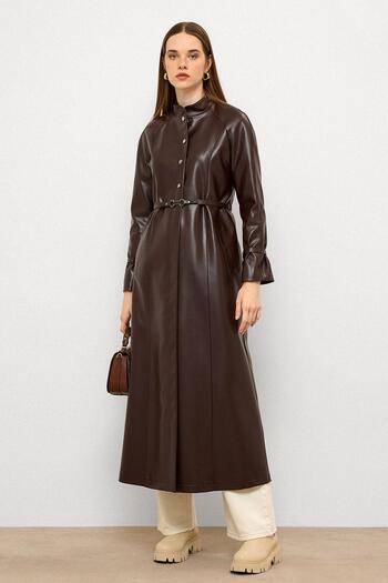 Olcay Judge Collar Belt Detailed Long Leather Trench Coat K. Brown 6775