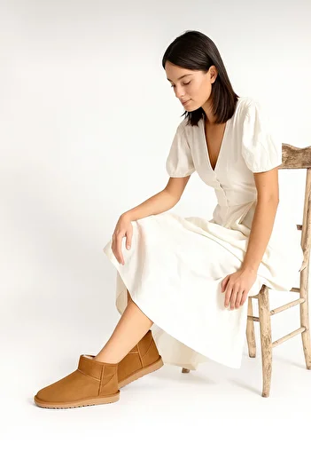 redtan Γυναικεία Tan Mini Suede Sheepskin Half Boots Flat Sole Γυναικεία παπούτσια