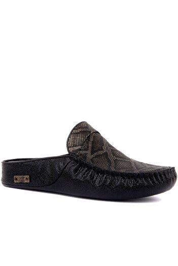SailLakers Sail Lakers - Black Leather Patterned Men's House Slippers
