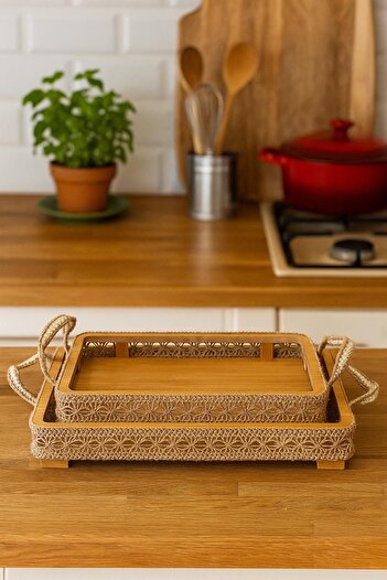 MOSTAFA Set of 2 rectangular wooden trays with porcelain edges and a porcelain handle for serving food