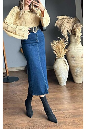 MADAME MELEK Zr Model Slit Detailed Buttoned Denim Skirt Dark Blue Midi Knee Length