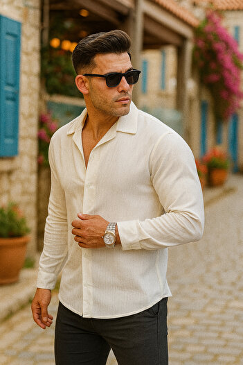 Pobudo White Color Linen Look Sports Shirt