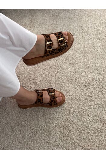 POTEEN Ptc Meloni Women's Genuine Leather Lightweight Anatomical Buckle Detailed Slippers - Leopard