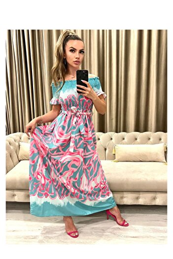 Intisimo Rochie de damă, lungă, talie cu șnur, albastră/roz
