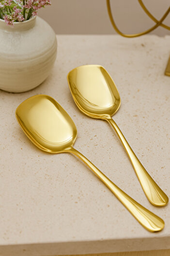 Anadolu Saray Pratik 2 ADET Paslanmaz Gold Çelik Lüx Servis Salata Kaşığı Spatula Çelik Yemek Servis Kaşığı 21cm