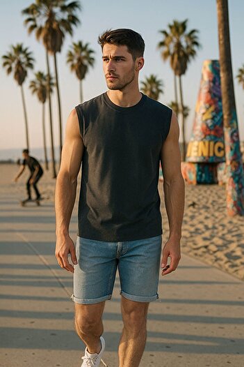 MARKAPIA Men's Crew Neck Zero Sleeve 100% Cotton T-Shirt