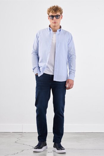 Dufy Синя чоловіча сорочка Slim Fit у смужку з ґудзиками на комірі та довгими рукавами