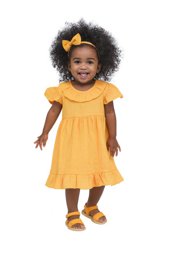 luay 100% Linen Mustard Baby Frock, with Frills,Cute and Trendy Summer Dress for Babies 0-3 M