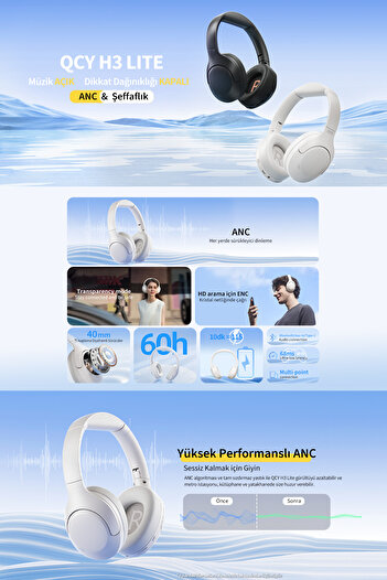 QCY H3 Lite Anc Aux Type C Bluetooth 5.3 Kafaüstü Kablosuz Kulaklık Çift Cihaz Oyun Modu 60 Saat Dinleme