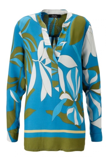 Şans Women's Plus Size Saks Blue-Green-White, V-Neck Floral Pattern Woven Viscose Blouse 65N39107