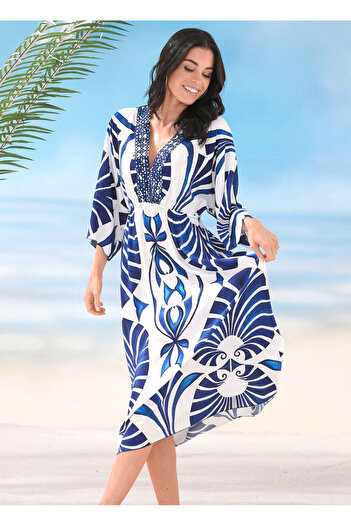 Şans Women's Plus Size White Blue, Sequin Embroidered V-Neck, Elastic Waist, Batwing Sleeve Dress 65N39015