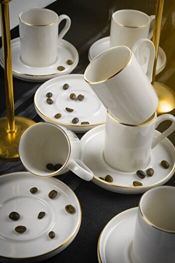 Kitchen Life 12 Parça 6 Kişilik Stackable Altın Yaldızlı Kahve Fincan Takımı - Kahve Fincanı Seti 100ml