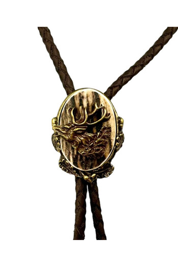 Handmade American metallic bolo tie with deer head motif