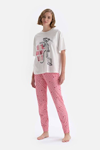 Dagi White License Printed Short Sleeve Knitted Pajama Set