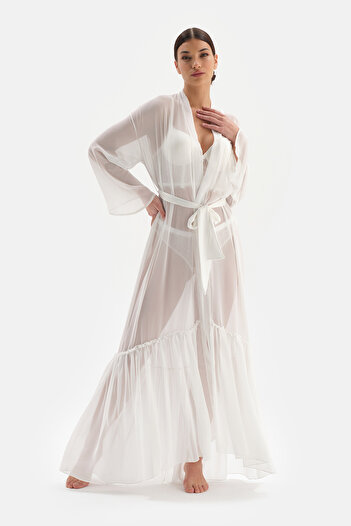 Dagi White Bride Lace Detailed Chiffon Dressing Gown