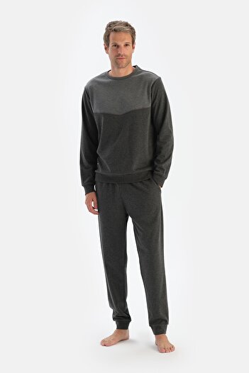 Dagi Crew Neck Anthracite Melange Long Sleeve Pajama Set with Jogger Pants