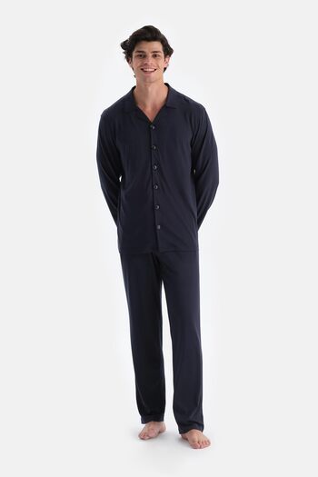 Dagi Navy Blue Combed Modal Shirt Pants Pajama Set