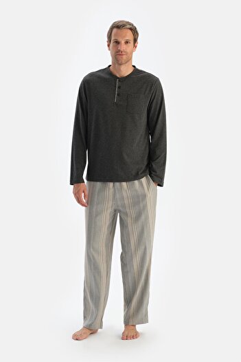 Dagi Anthracite Melange Striped Trousers Placket Pocket Pajama Set