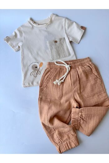 Mylamia Salmon 100% Cotton Muslin T-Shirt with Trousers Boys Set